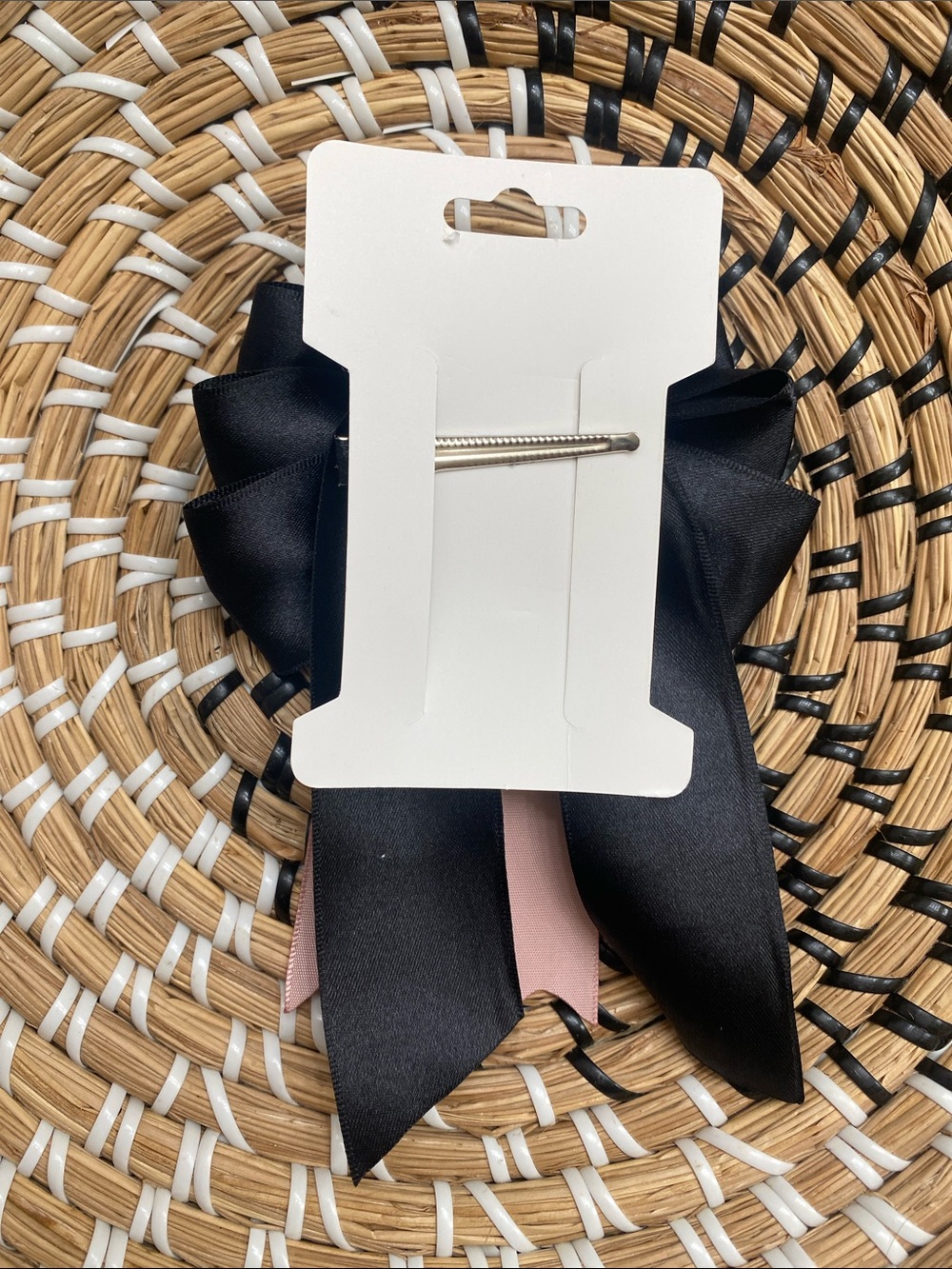 Hand Crafted Black & Blush Ribbon Bow Hair Clip with Heart Accent - Picture 2 of 3